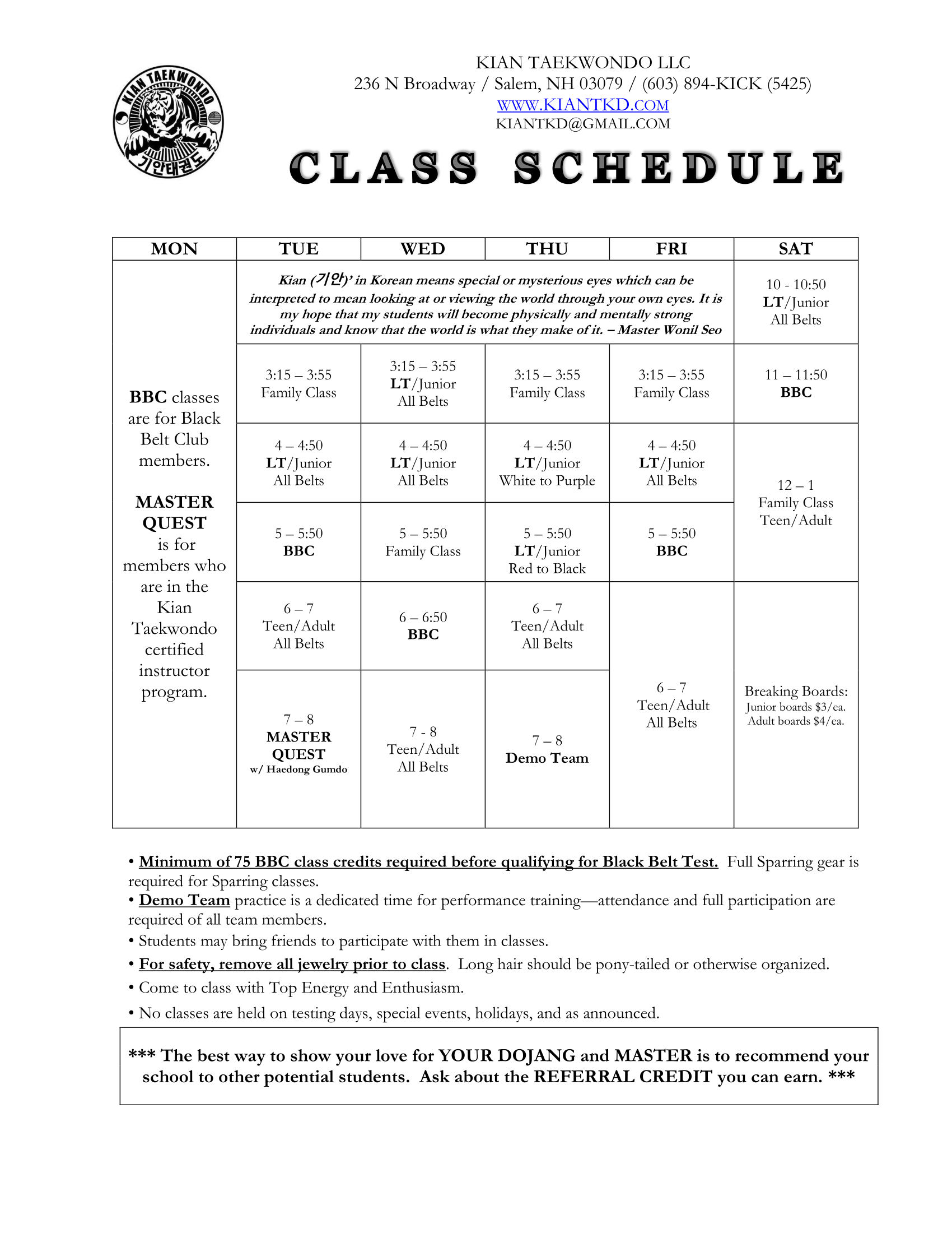Current Class Schedule
